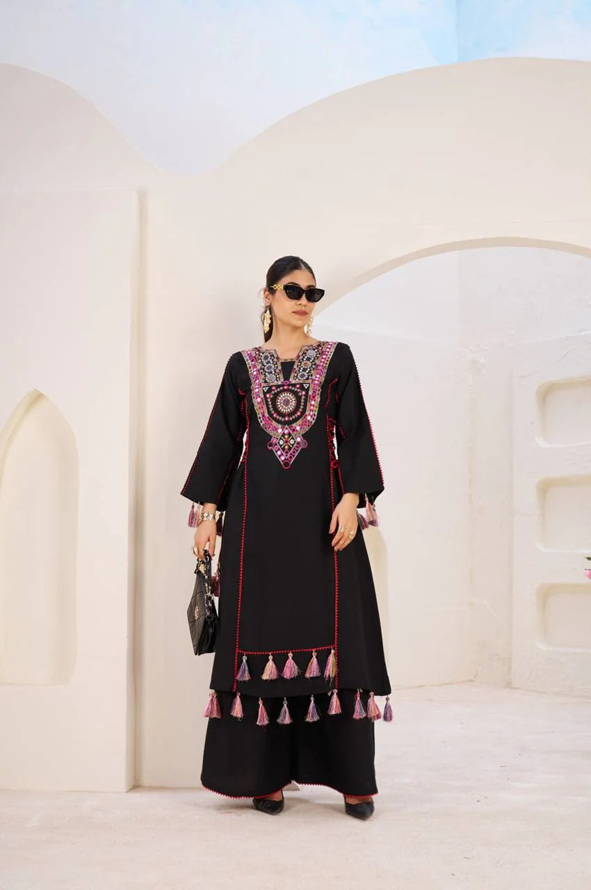BLACK ETHNIC MIRROR WORK PEPLUM SET WITH PALAZZO