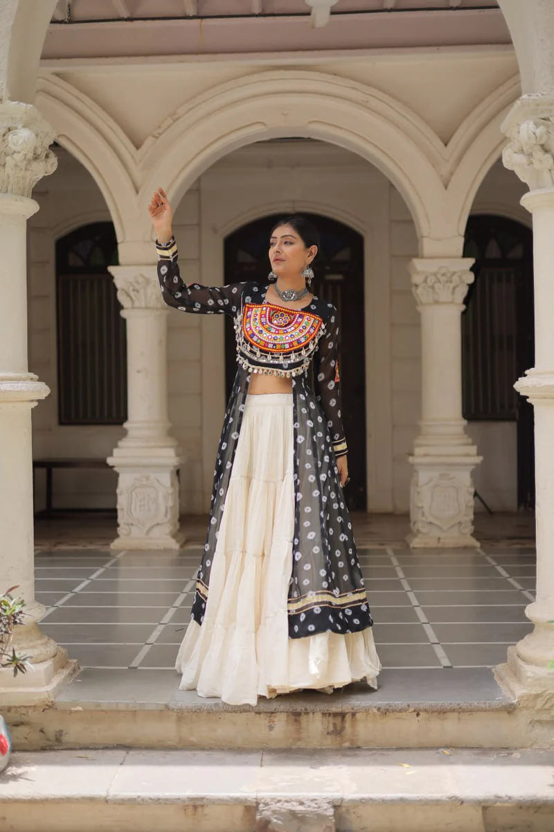NAVRATRI SPECIAL BLACK COLOR KORA COTTON BASE STYLISH KURTI WITH LEHENGA