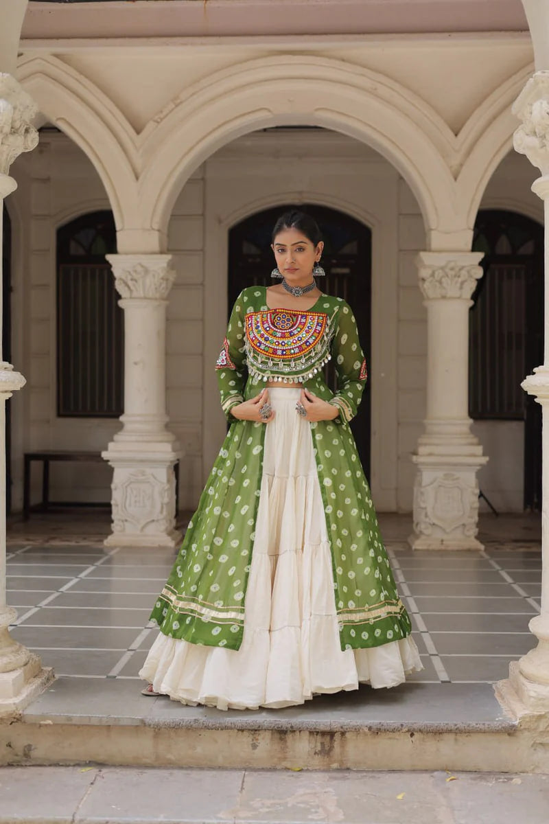 NAVRATRI SPECIAL GREEN COLOR KORA COTTON BASE STYLISH KURTI WITH LEHENGA
