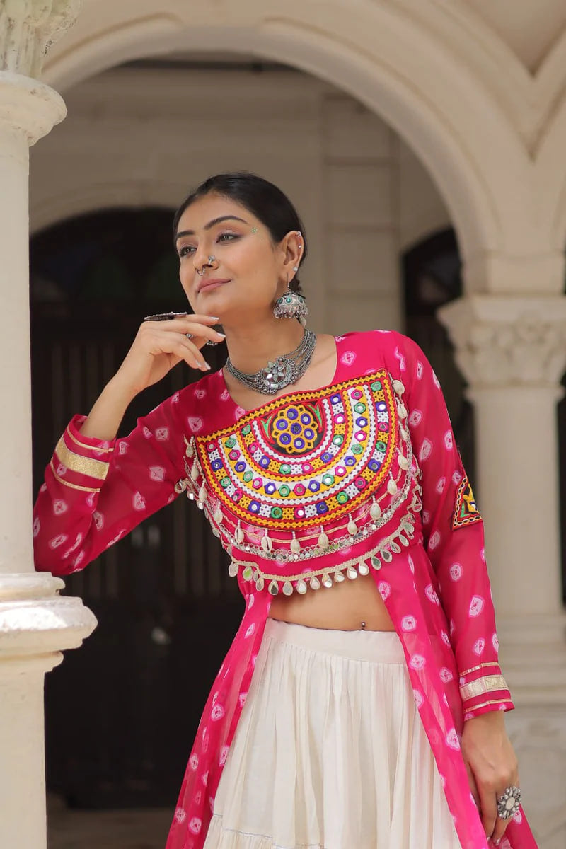 NAVRATRI SPECIAL PINK COLOR KORA COTTON BASE STYLISH KURTI WITH LEHENGA