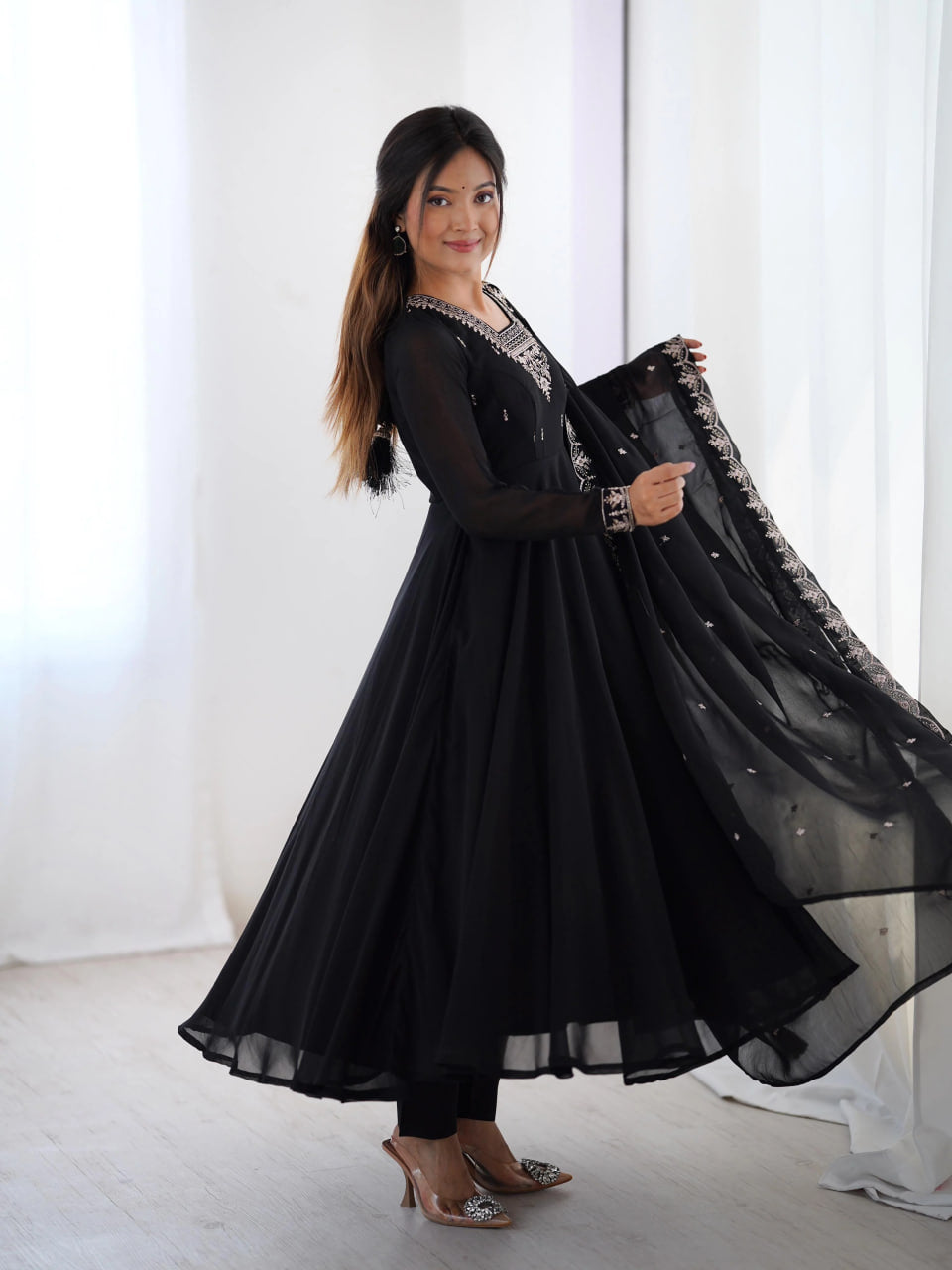 LUXURY BLACK FOX GEORGETTE ANARKALI SUIT WITH DUPATTA & PANT