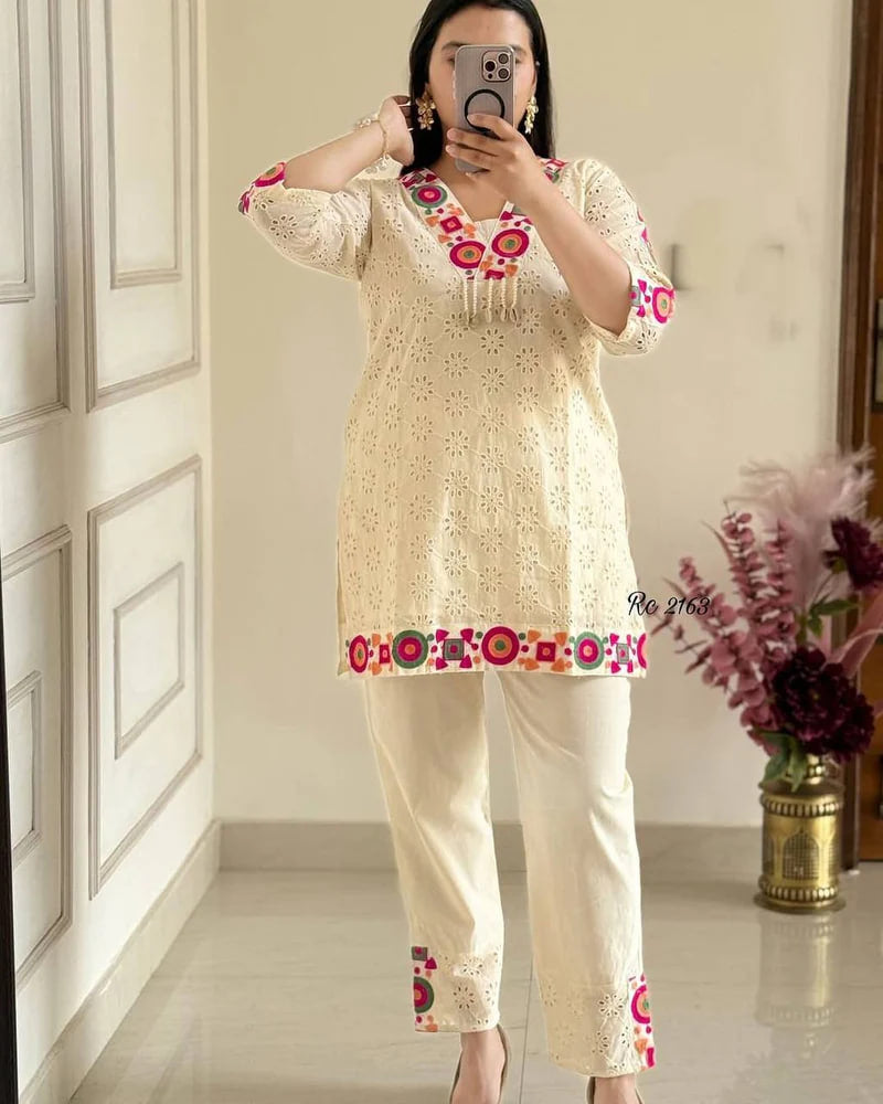 PURE KHADI COTTON SCIFFLI EMBROIDERED WORK CO-ORD SET