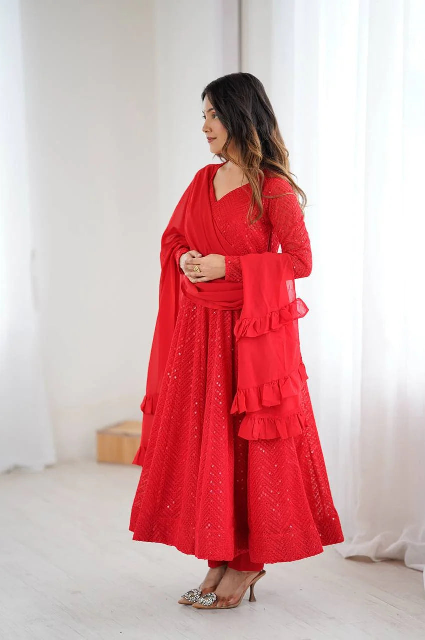 RED COLOR LUCKNOWI WORK ANARKALI SUIT WITH RUFFLE DUPATTA