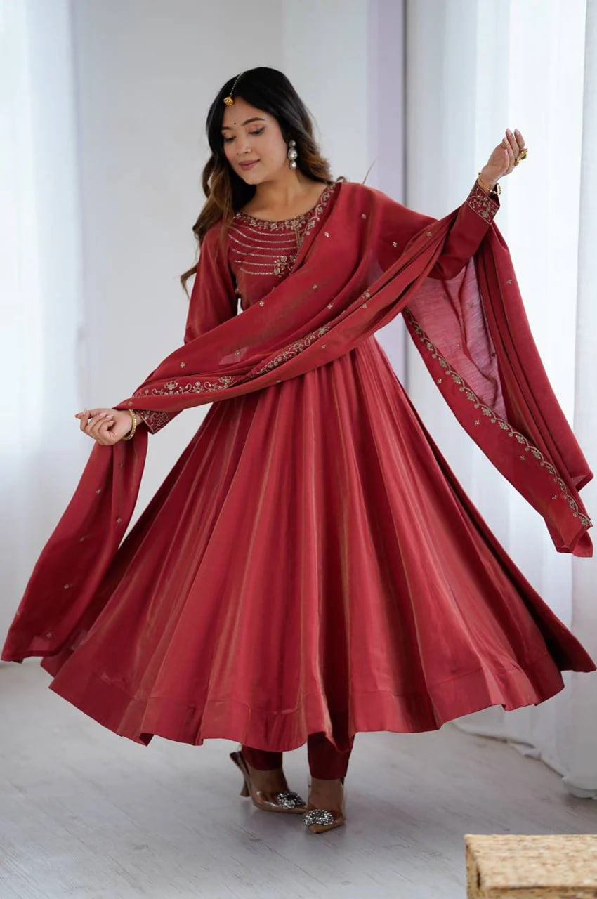 CARMINE ROMAN CHANDERI SILK ANARKALI SUIT