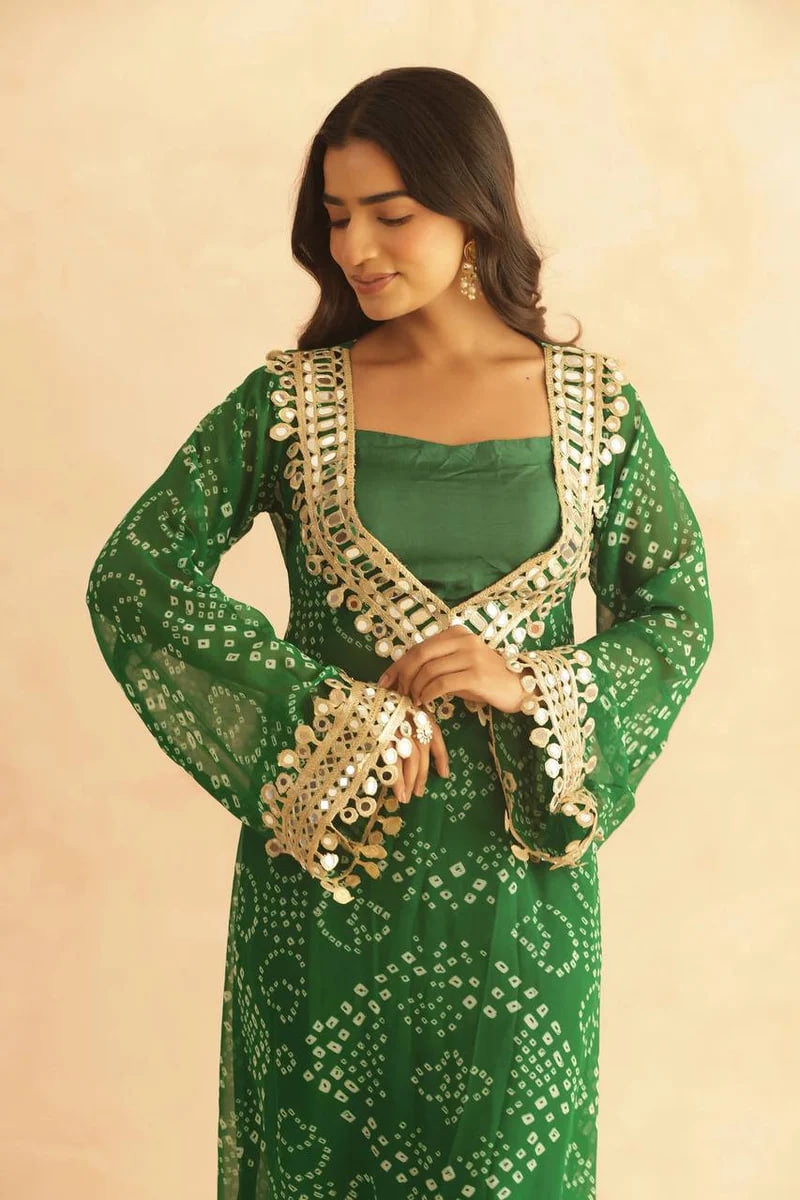 BANDHEJ PRINT MIRROR LACE WORK FUSION KURTI STYLE CO-ORD SET – TRENDY ETHNIC WEAR