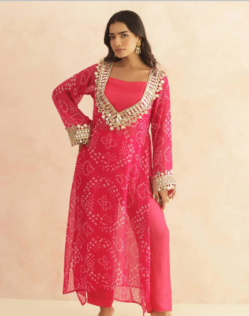 BANDHEJ PRINT MIRROR LACE WORK FUSION KURTI STYLE CO-ORD SET – TRENDY ETHNIC WEAR