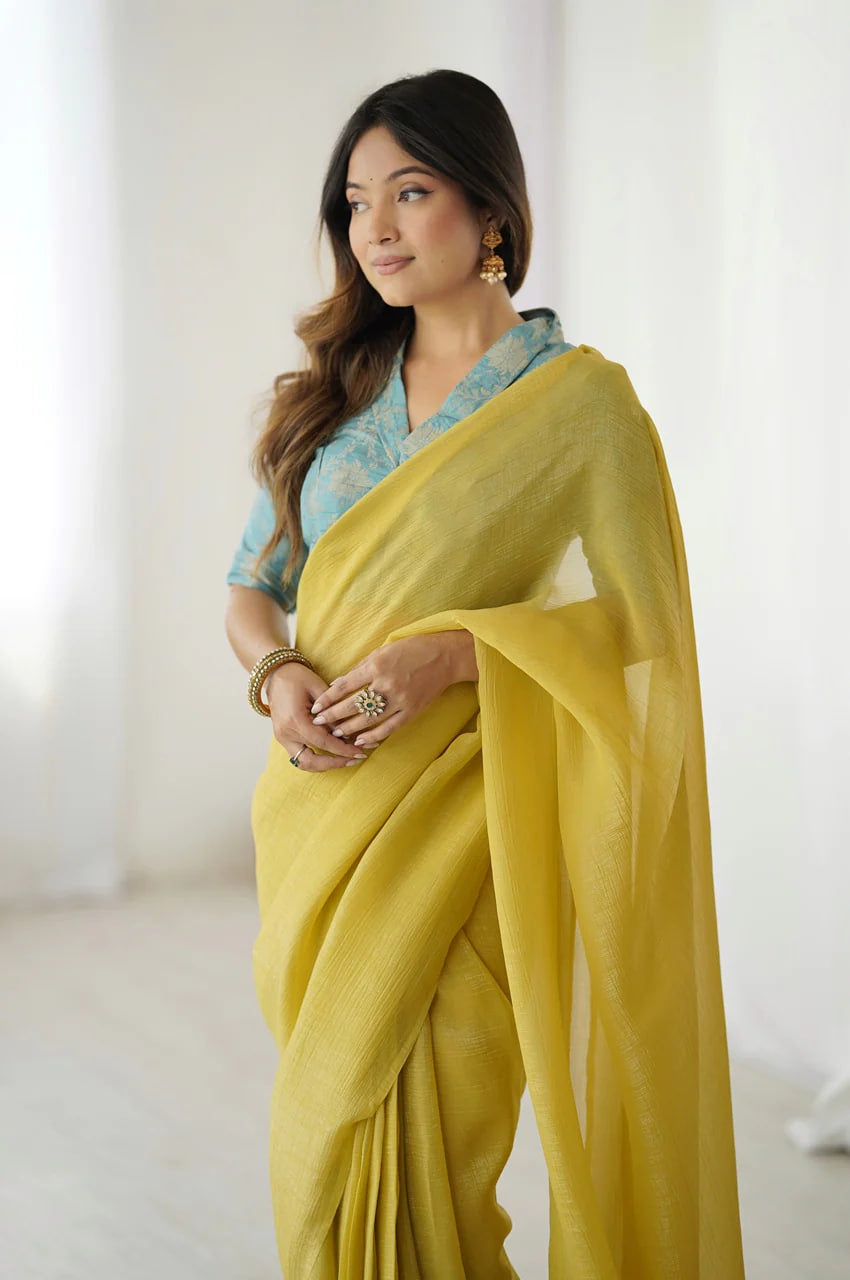 CHARMING BABY YELLOW SPARKLE SILK READY-TO-WEAR SAREE