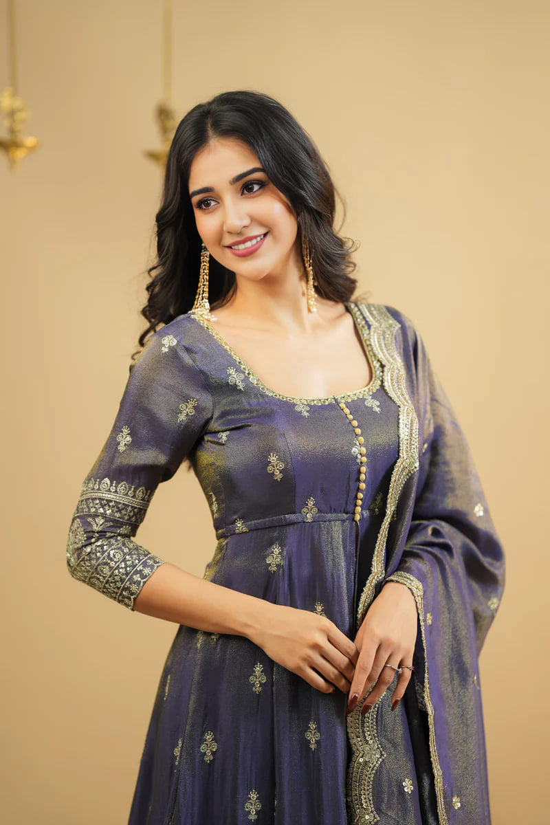 ELEGANT GREY COSMO SILK ANARKALI SUIT WITH SKIRT