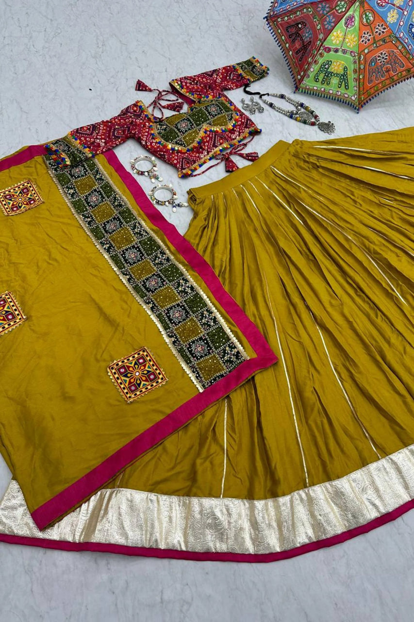 MUSTARD COTTON CHANIYA CHOLI SET WITH GAMATHI DUPATTA