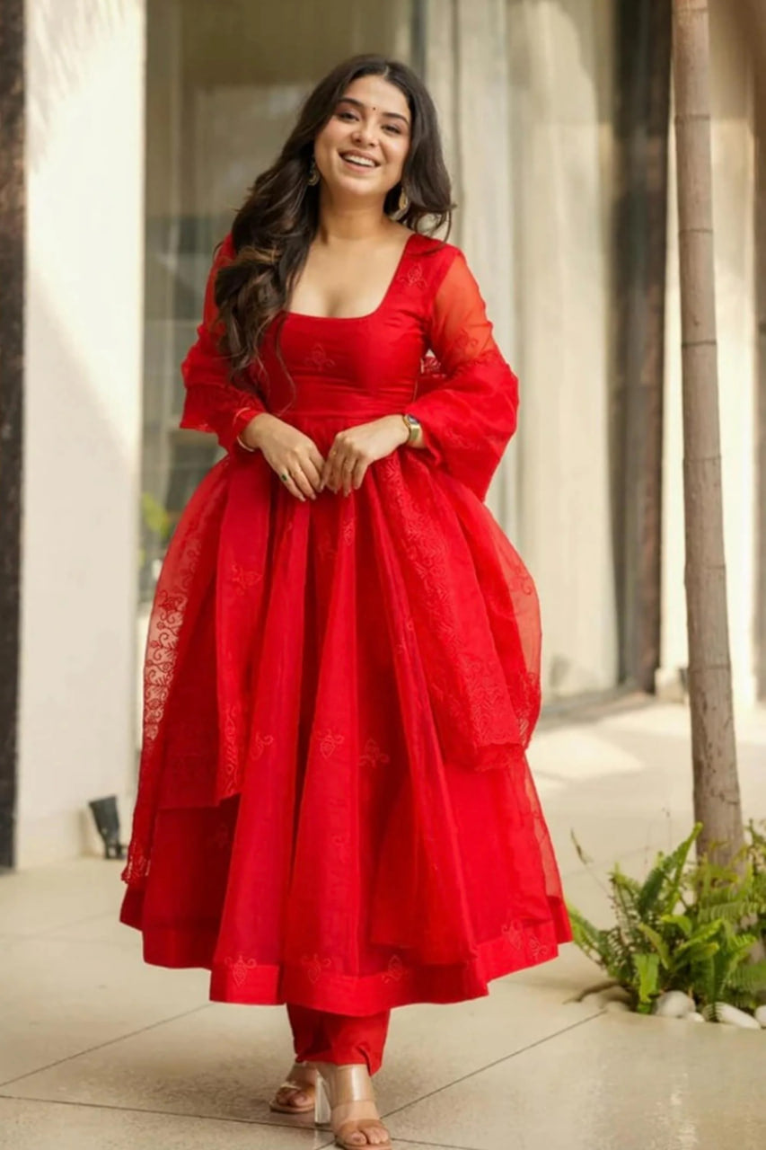 RED TABBY SILK ANARKALI SUIT SET WITH EMBROIDERY WORK