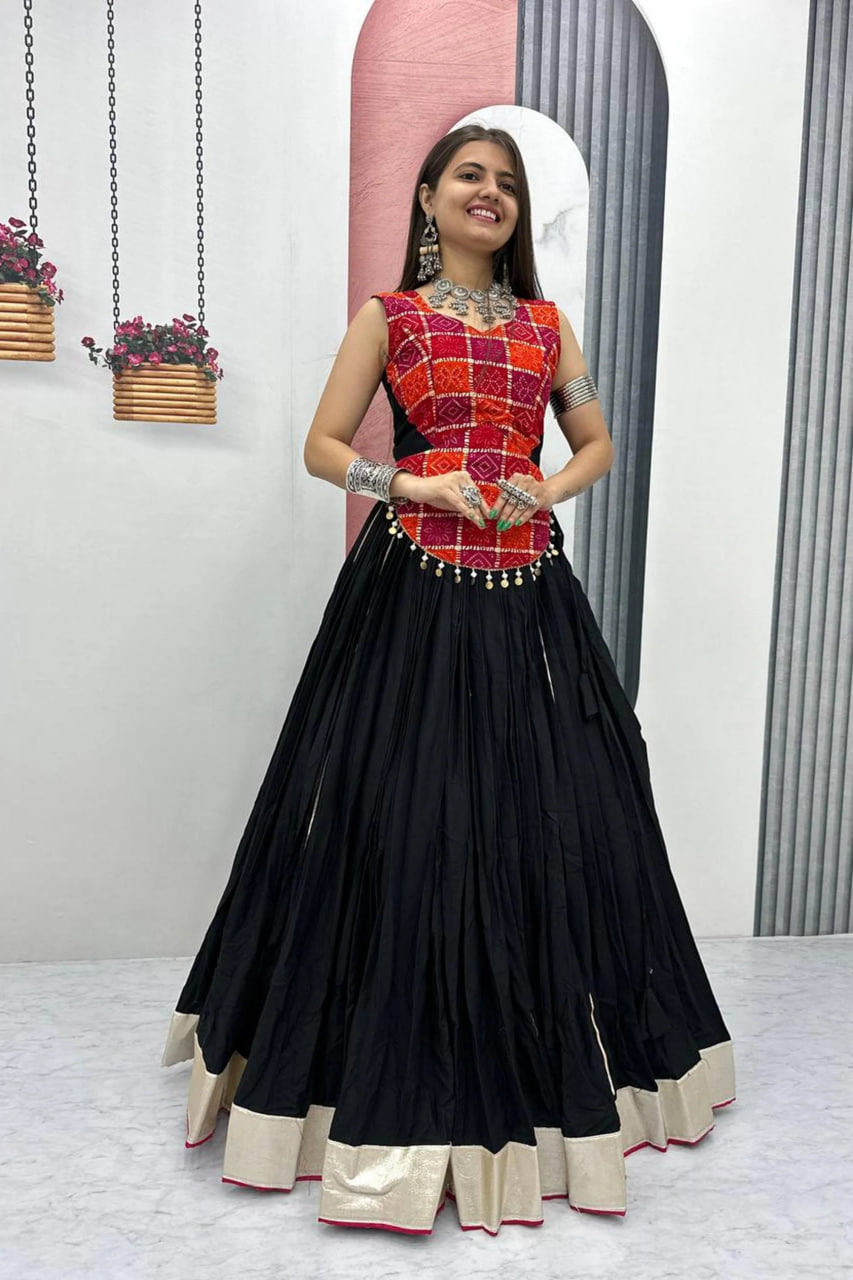 BLACK 6-METER FLAIR COTTON LEHENGA CHOLI