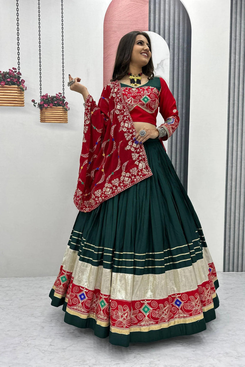 Green Cotton Chaniya Choli with Heavy Embroidery