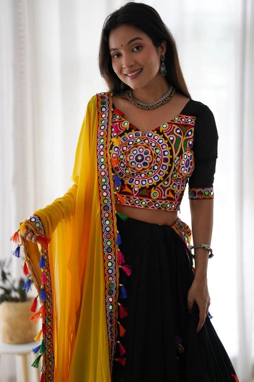 BLACK FAUX GEORGETTE CHANIYA CHOLI WITH ORIGINAL MIRROR WORK
