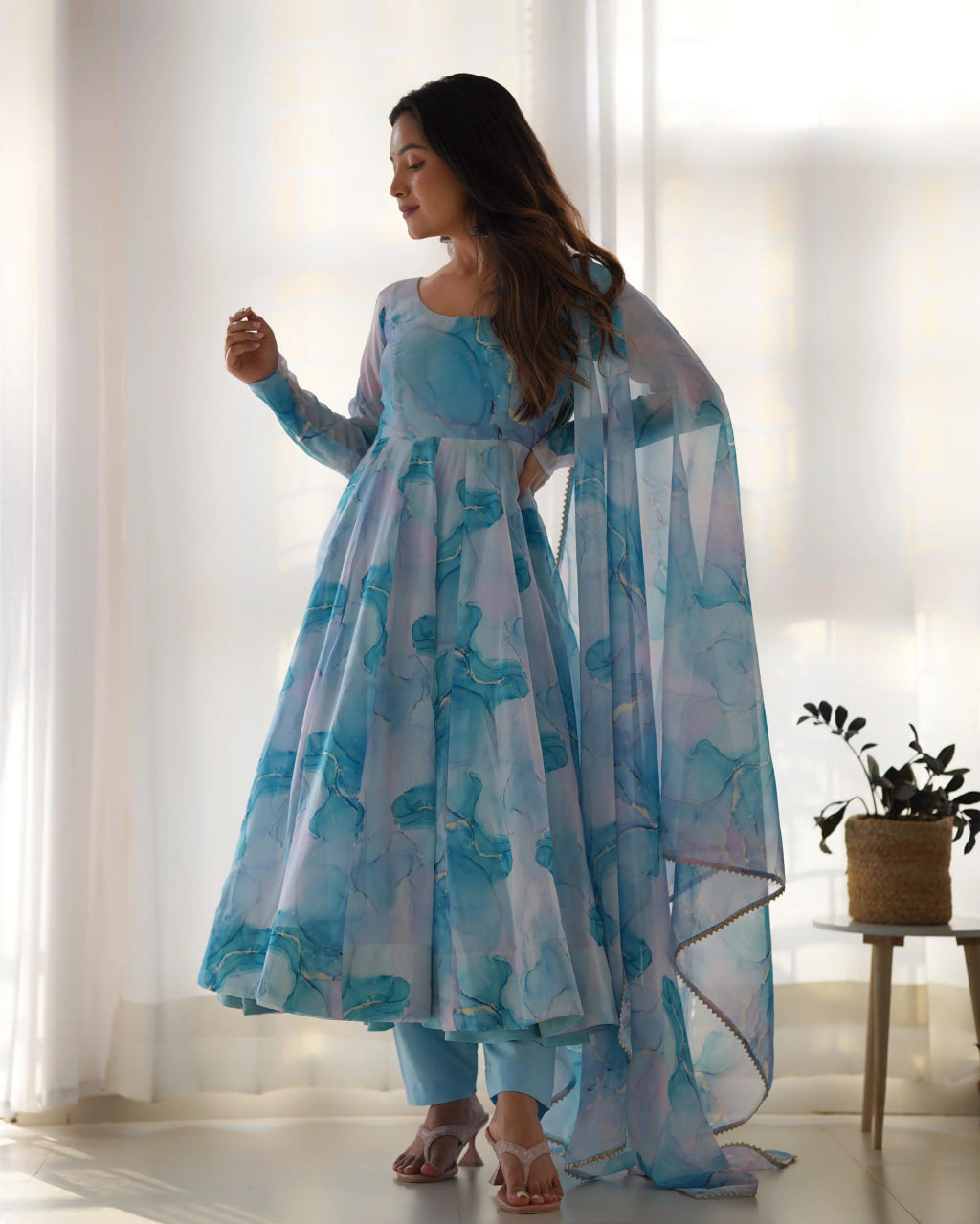 SKY PURE SOFT ORGANZA ANARKALI SUIT SET WITH HUGE FLAIR, DUPATTA & PANT