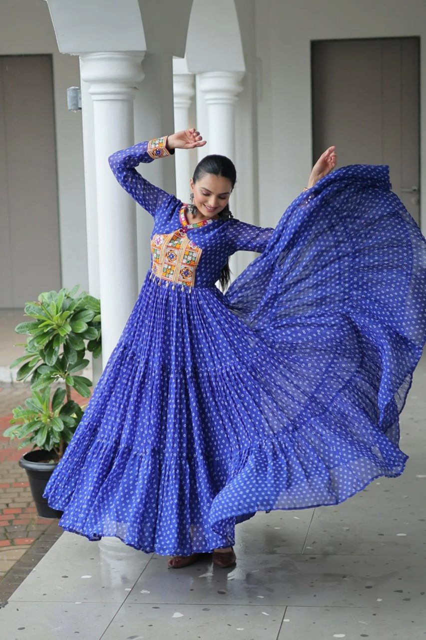 NAVRATRI SPECIAL BLUE BANDHANI PRINT 12 METER FLARED GOWN