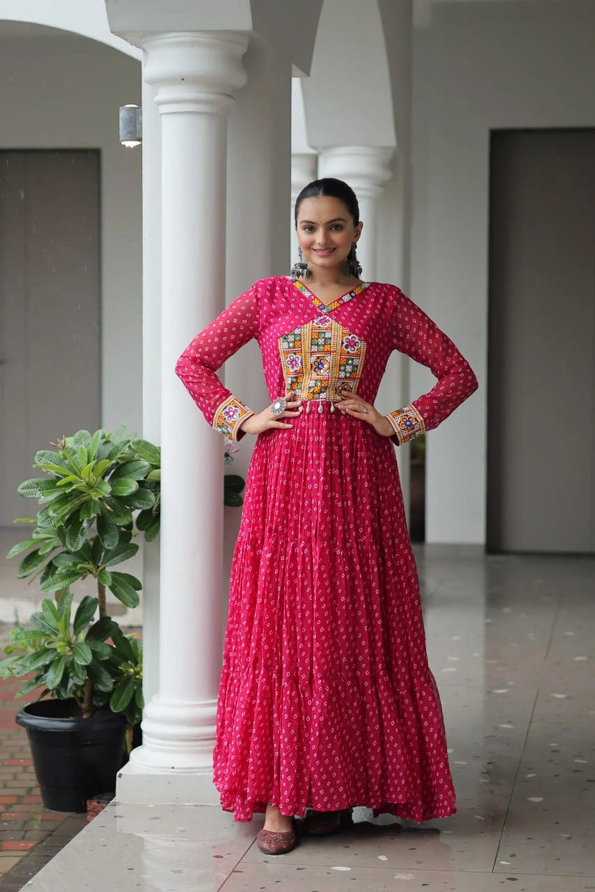 NAVRATRI SPECIAL PINK BANDHANI PRINT 12 METER FLARED GOWN