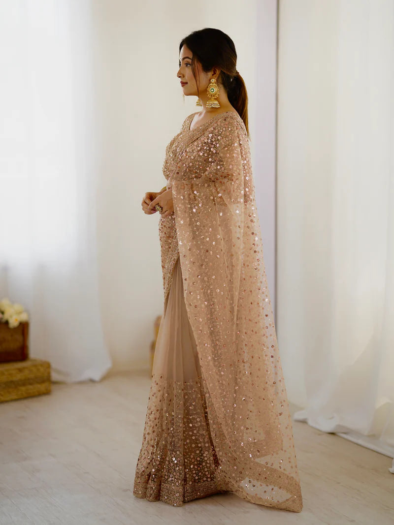 GOLDEN SOFT NET BEAUTIFUL DESIGNER SAREE