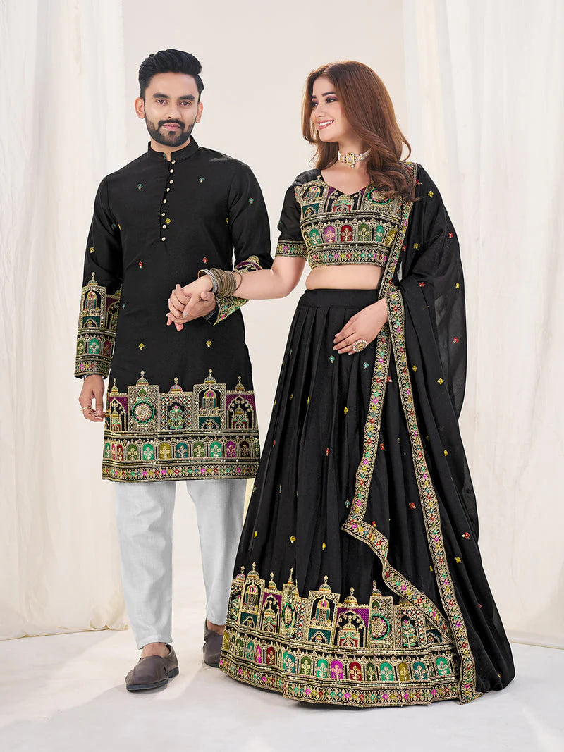 BLACK EMBROIDERED LEHENGA CHOLI WITH MATCHING MEN'S KURTA COMBO SET