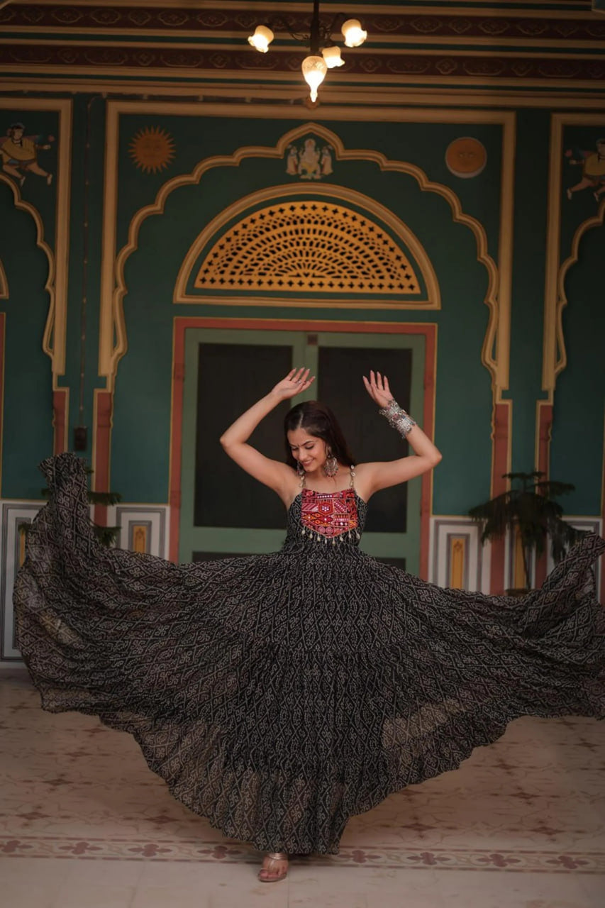 BLACK BANDHANI PRINT 12-METER FLARED GOWN