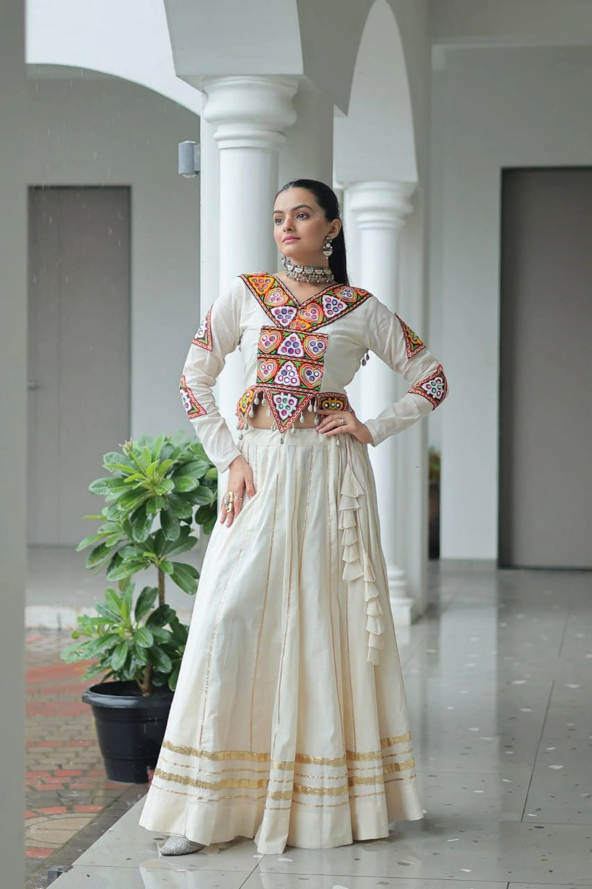 OFF WHITE KORA COTTON STITCHED CHANIYA CHOLI