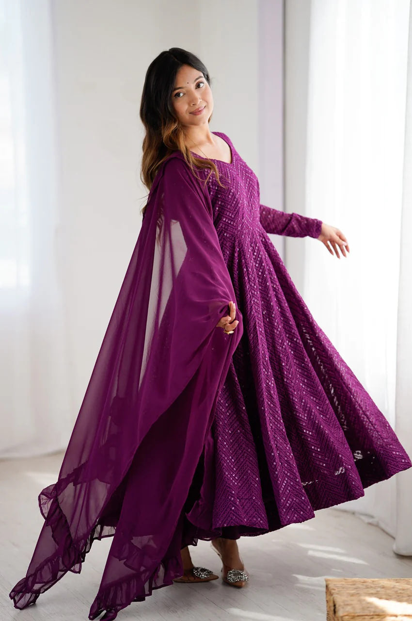 WINE COLOR LUCKNOWI WORK ANARKALI SUIT