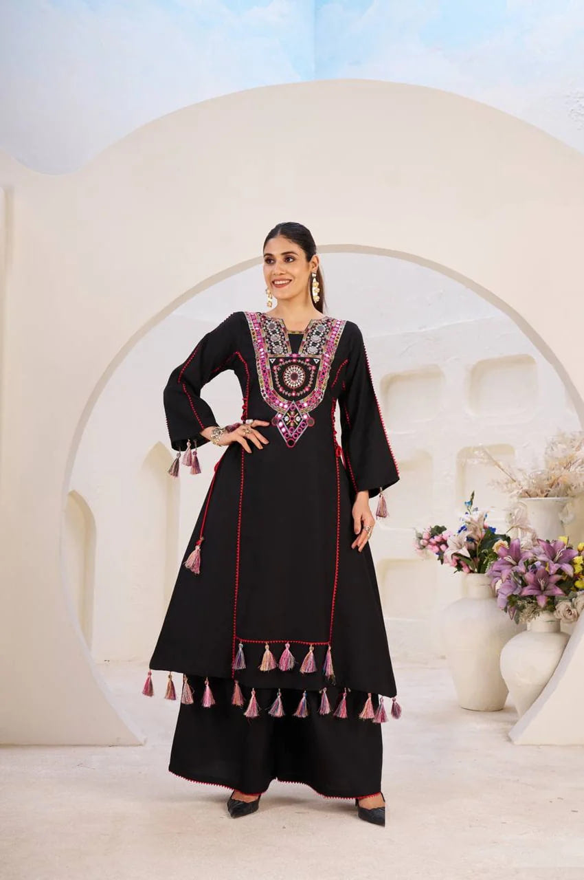 BLACK ETHNIC MIRROR WORK PEPLUM SET WITH PALAZZO
