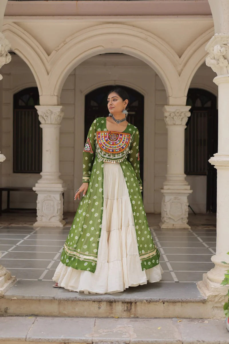 NAVRATRI SPECIAL GREEN COLOR KORA COTTON BASE STYLISH KURTI WITH LEHENGA