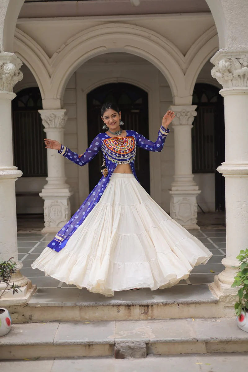 NAVRATRI SPECIAL BLUE COLOR KORA COTTON BASE STYLISH KURTI WITH LEHENGA
