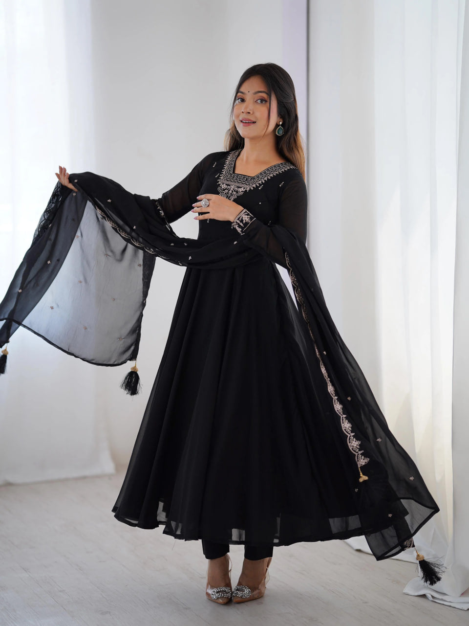 LUXURY BLACK FOX GEORGETTE ANARKALI SUIT WITH DUPATTA & PANT