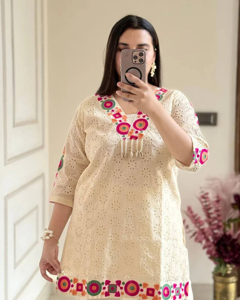 PURE KHADI COTTON SCIFFLI EMBROIDERED WORK CO-ORD SET