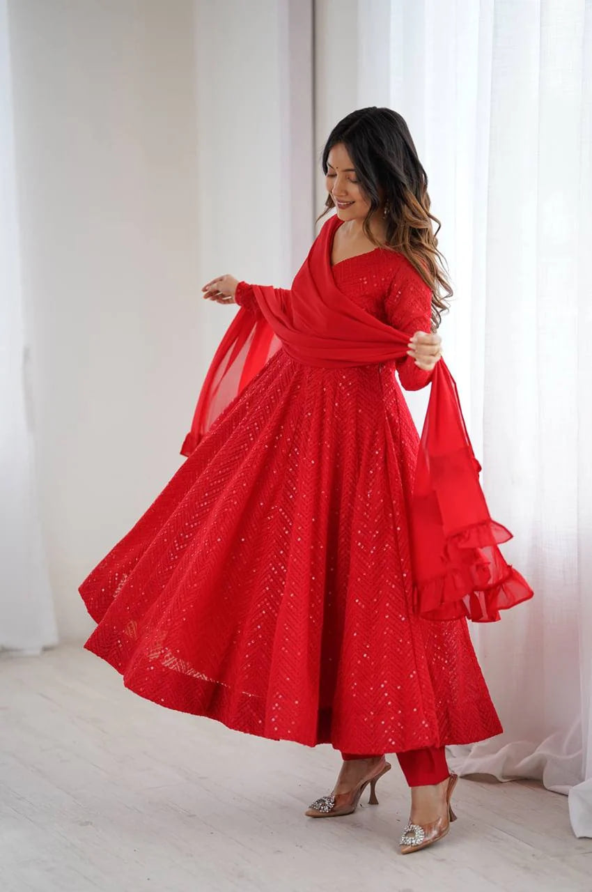 RED COLOR LUCKNOWI WORK ANARKALI SUIT WITH RUFFLE DUPATTA