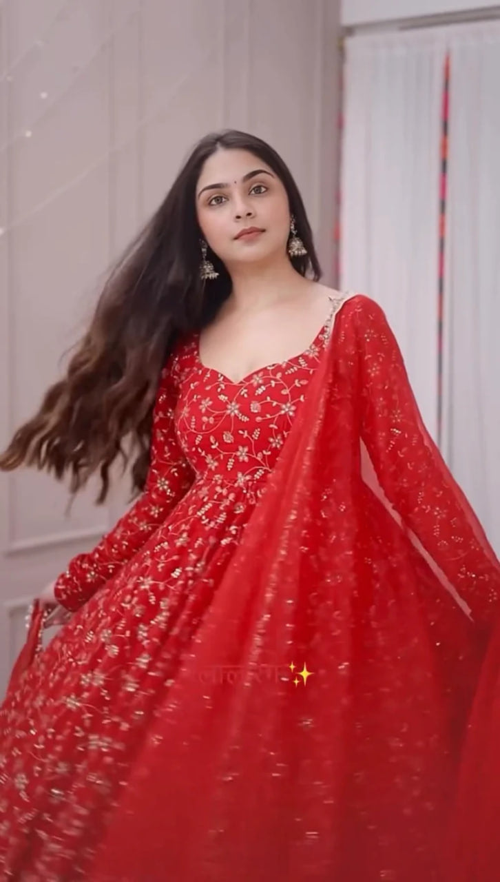 KARWACHAUTH SPECIAL RED COLOR PREMIUM ANARKALI SUIT SET OF 3