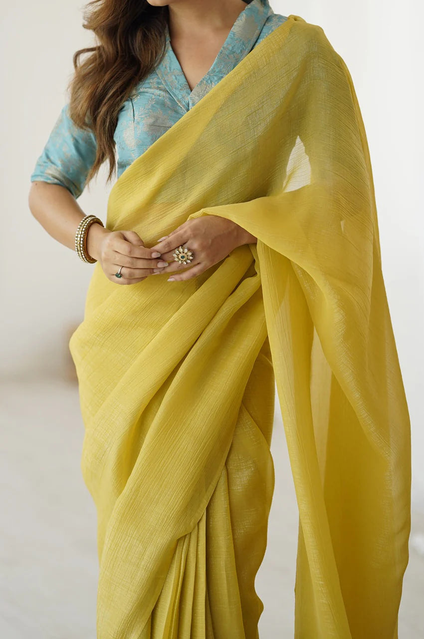 CHARMING BABY YELLOW SPARKLE SILK READY-TO-WEAR SAREE