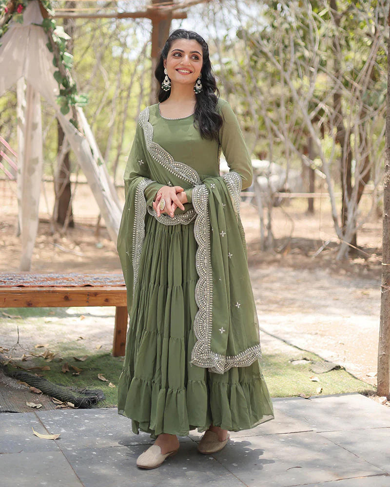 MEHNDI COLOR DESIGNER EMBROIDERED GOWN WITH DUPATTA