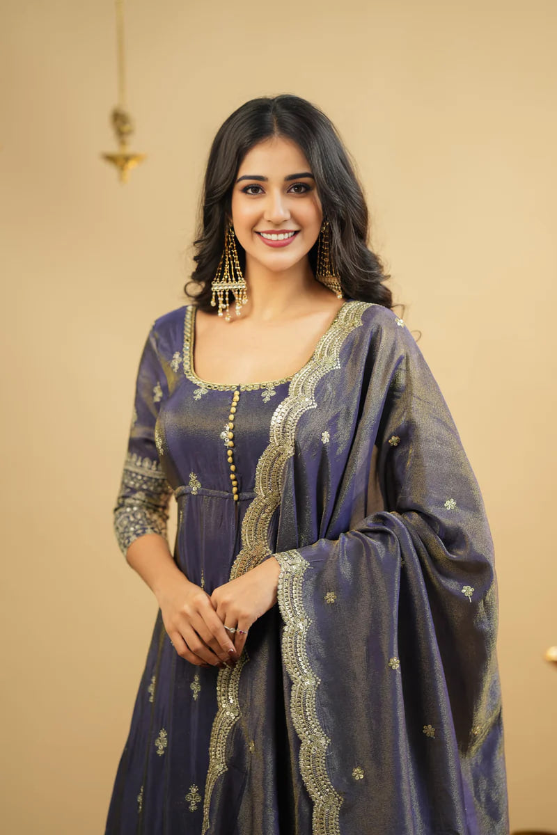 ELEGANT GREY COSMO SILK ANARKALI SUIT WITH SKIRT