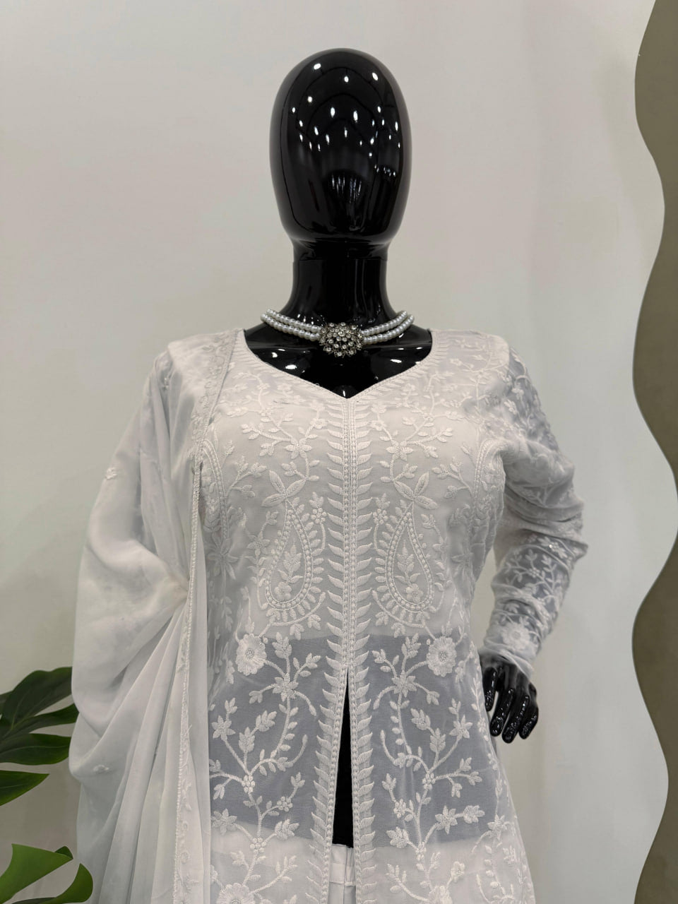 GRACEFULWHITE FOUX GEORGETTE PLAZZO SET WITH DESIGNER TOUCH