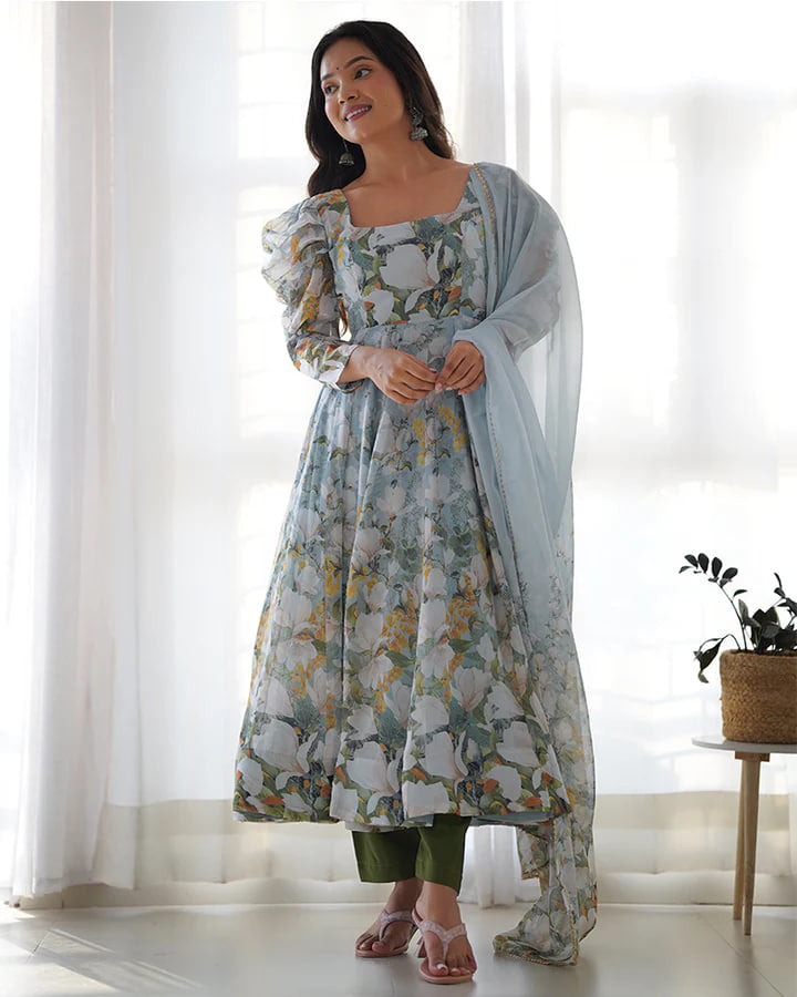 GREEN COLOR PURE SOFT ORGANZA THREE PIECE ANARKALI SUIT