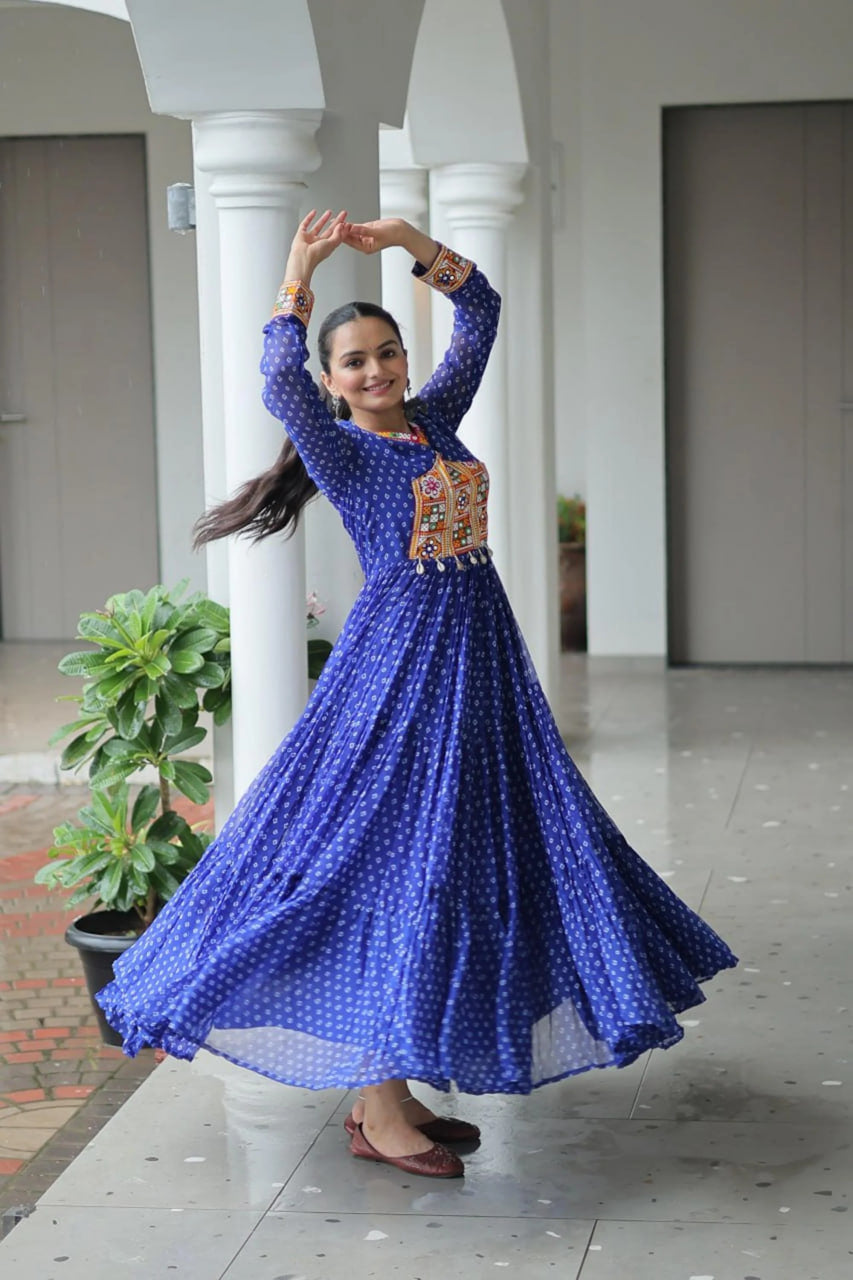 NAVRATRI SPECIAL BLUE BANDHANI PRINT 12 METER FLARED GOWN