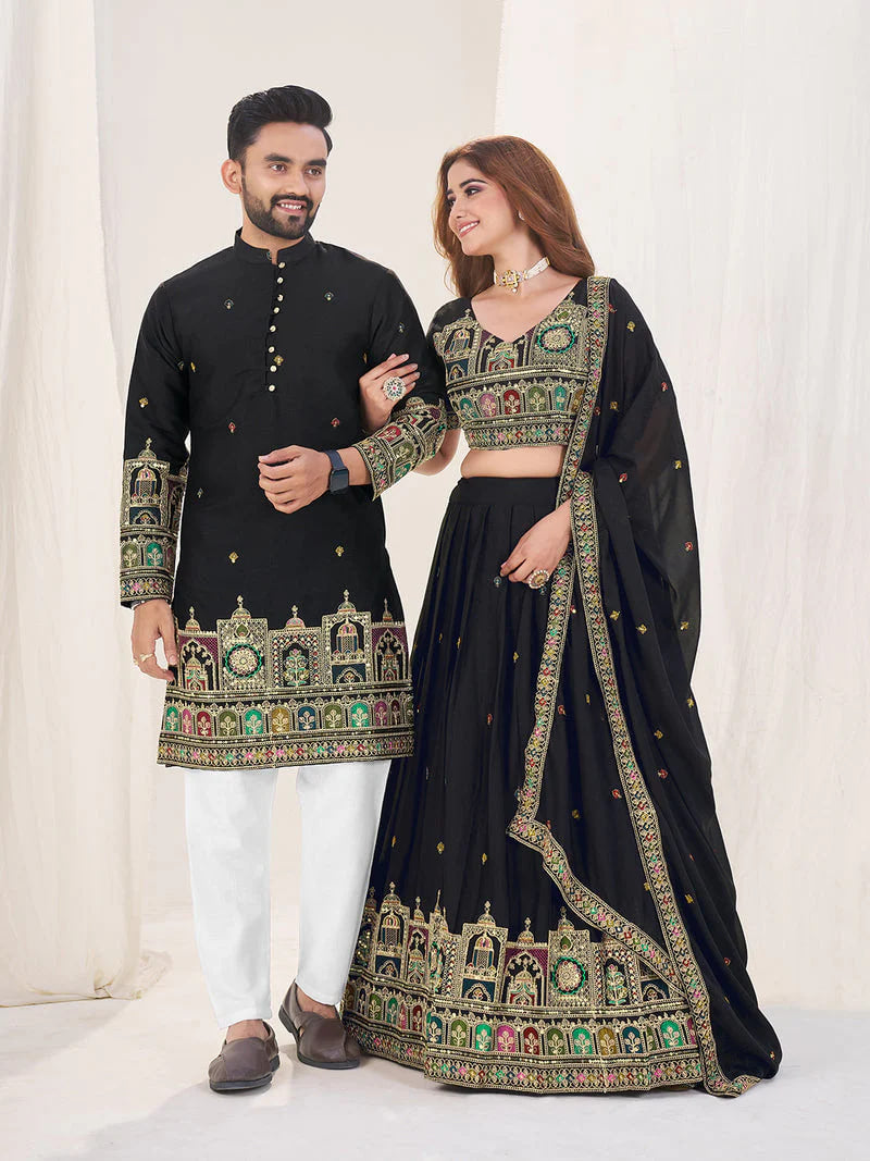 BLACK EMBROIDERED LEHENGA CHOLI WITH MATCHING MEN'S KURTA COMBO SET