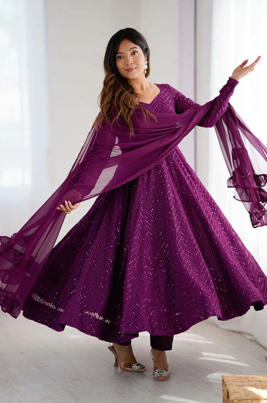 WINE COLOR LUCKNOWI WORK ANARKALI SUIT