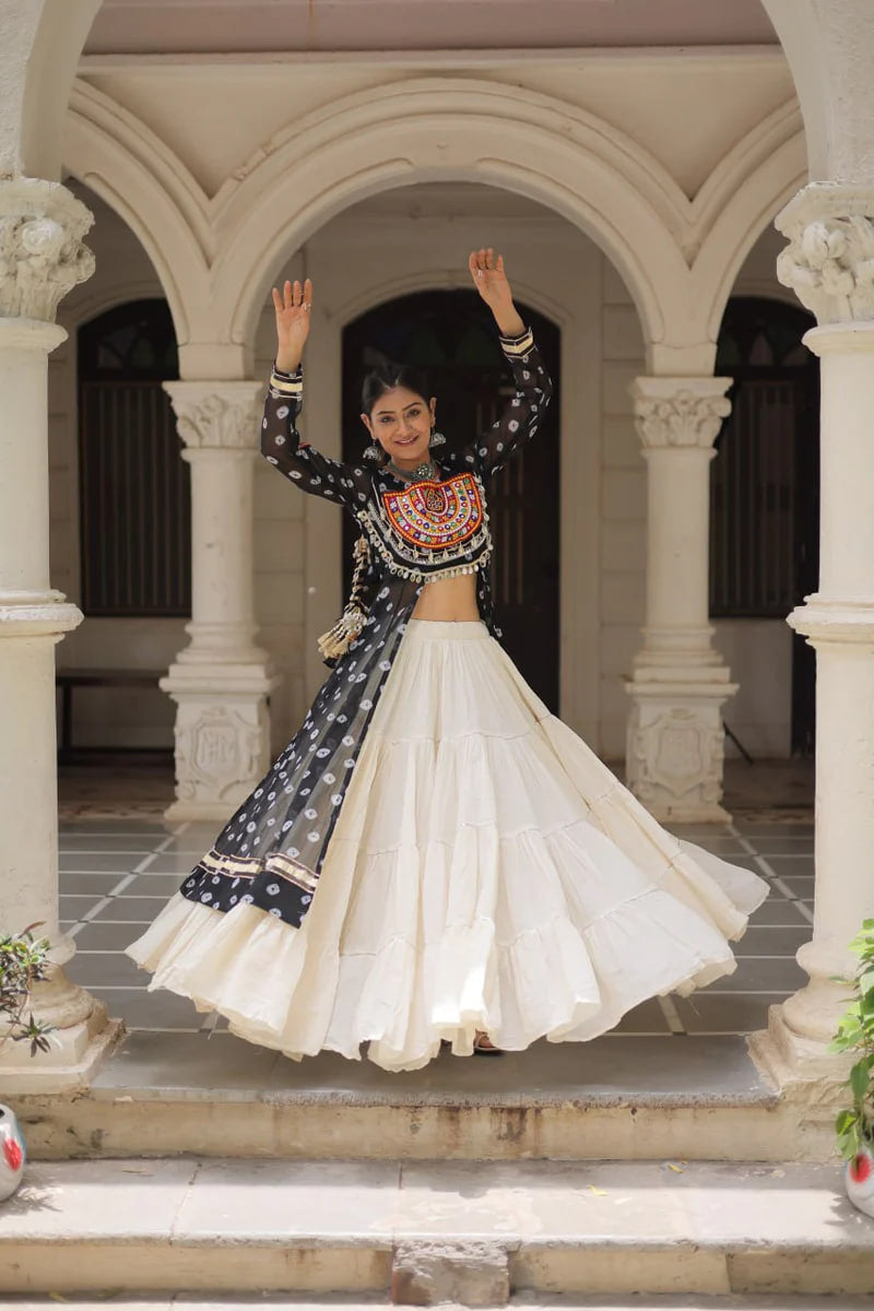 NAVRATRI SPECIAL BLACK COLOR KORA COTTON BASE STYLISH KURTI WITH LEHENGA