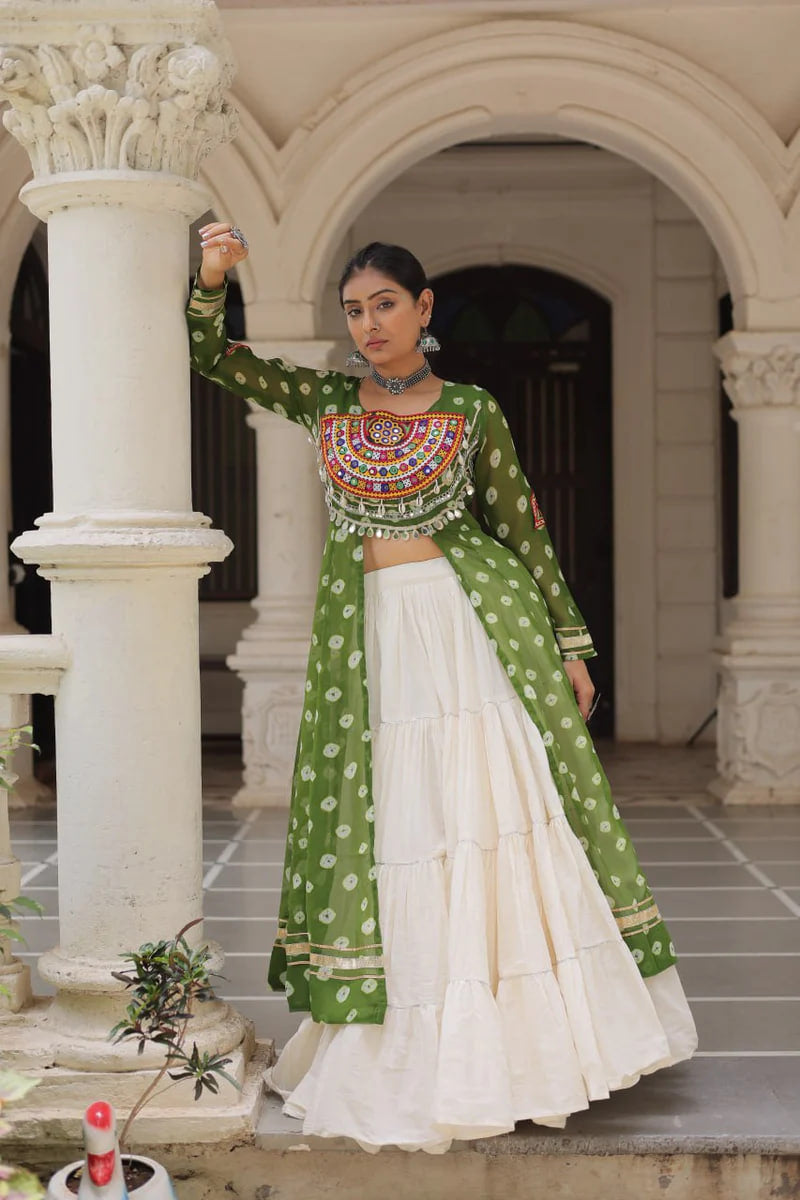 NAVRATRI SPECIAL GREEN COLOR KORA COTTON BASE STYLISH KURTI WITH LEHENGA