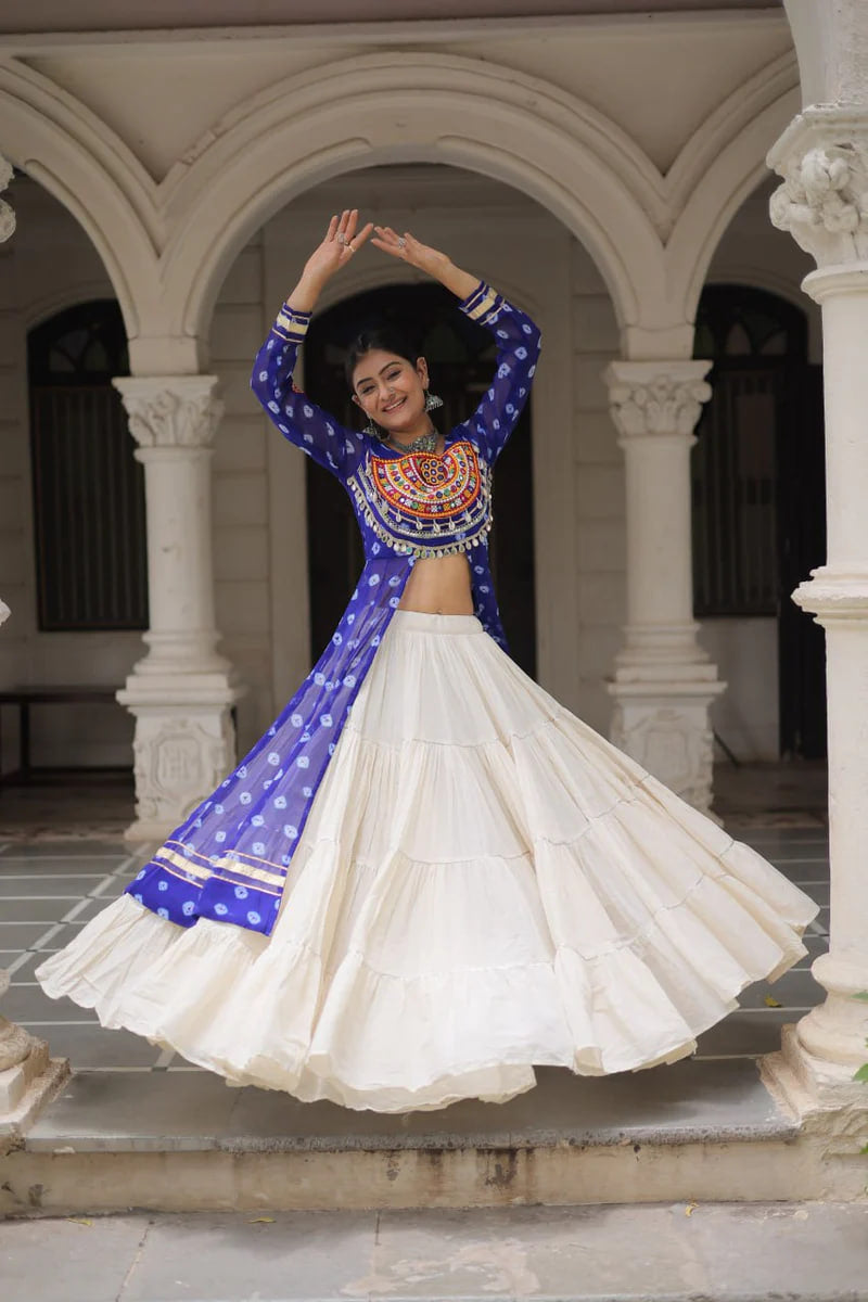 NAVRATRI SPECIAL BLUE COLOR KORA COTTON BASE STYLISH KURTI WITH LEHENGA