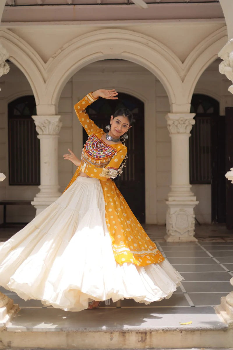 NAVRATRI SPECIAL YELLOW COLOR KORA COTTON BASE STYLISH KURTI WITH LEHENGA