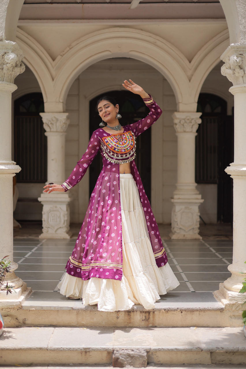 NAVRATRI SPECIAL PURPLE COLOR KORA COTTON BASE STYLISH KURTI WITH LEHENGA
