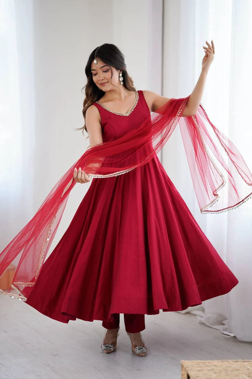 MAROON ROMAN SILK ANARKALI SUIT SET