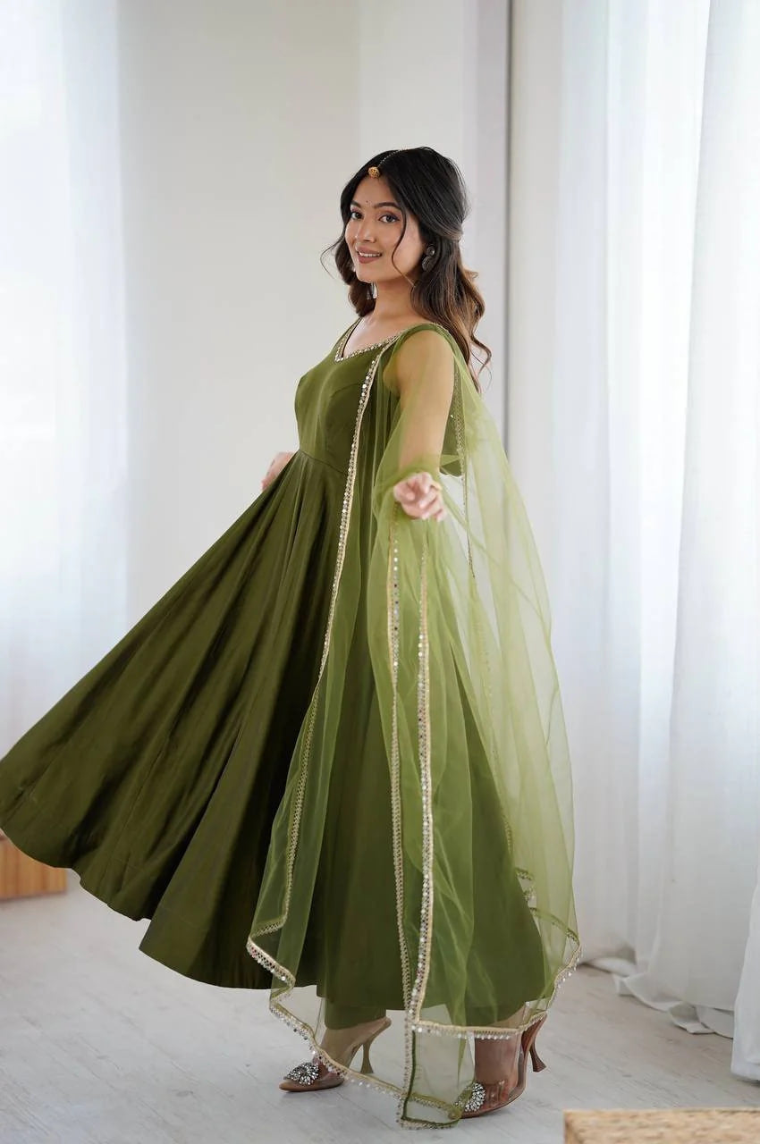 Mehndi Green Roman Silk Anarkali Suit Set