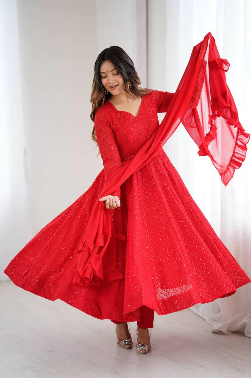 RED COLOR LUCKNOWI WORK ANARKALI SUIT WITH RUFFLE DUPATTA