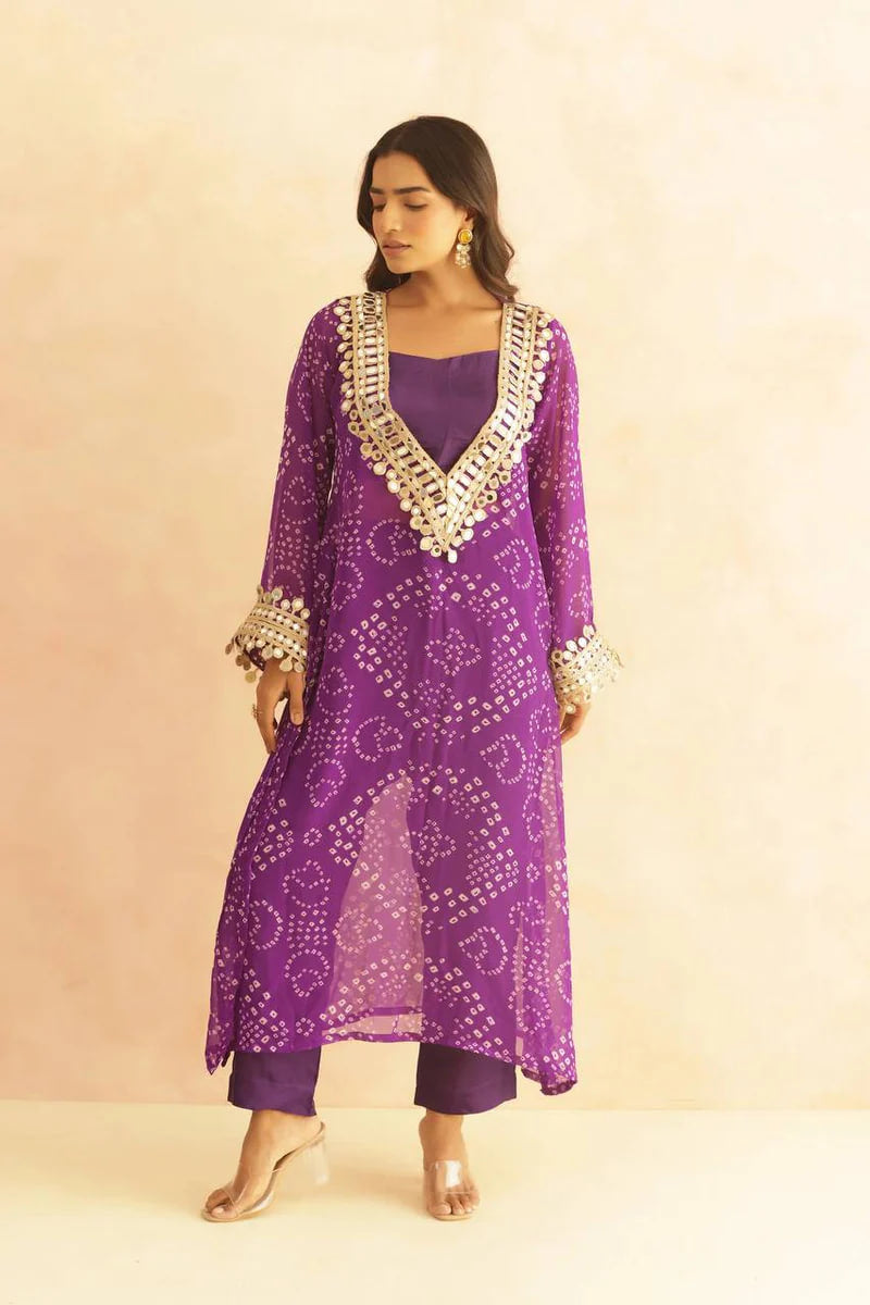 BANDHEJ PRINT MIRROR LACE WORK FUSION KURTI STYLE CO-ORD SET – TRENDY ETHNIC WEAR