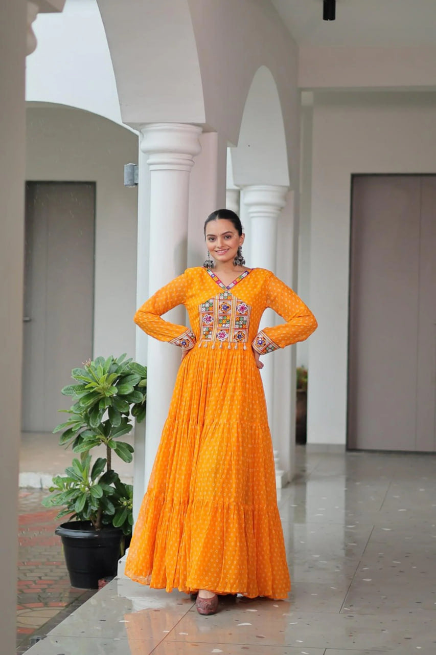 NAVRATRI SPECIAL ORANGE BANDHANI PRINT 12 METER FLARED GOWN
